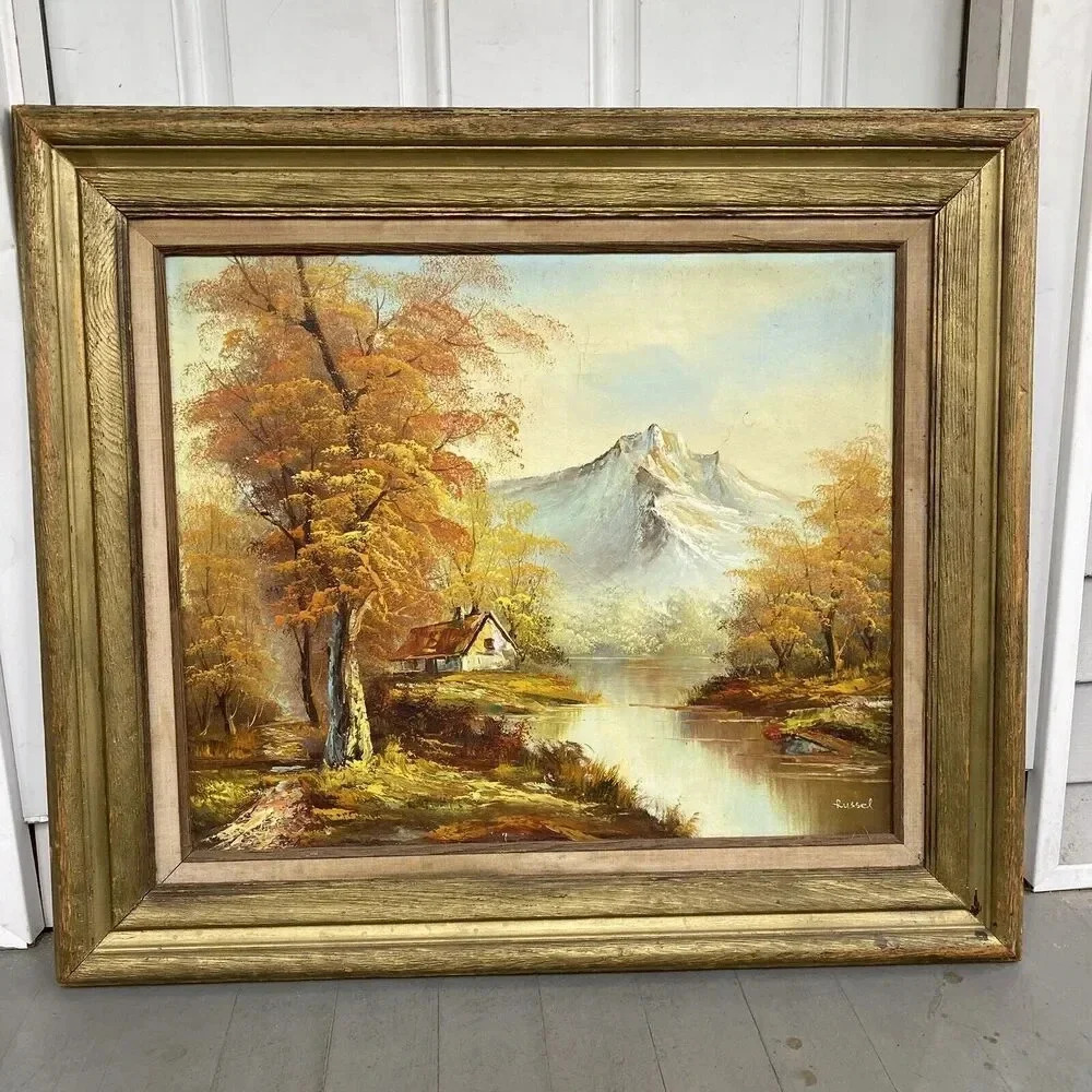 VTG Oil Painting On Canvas Mountain View Lake Landscape Signed Frame 32”x28”